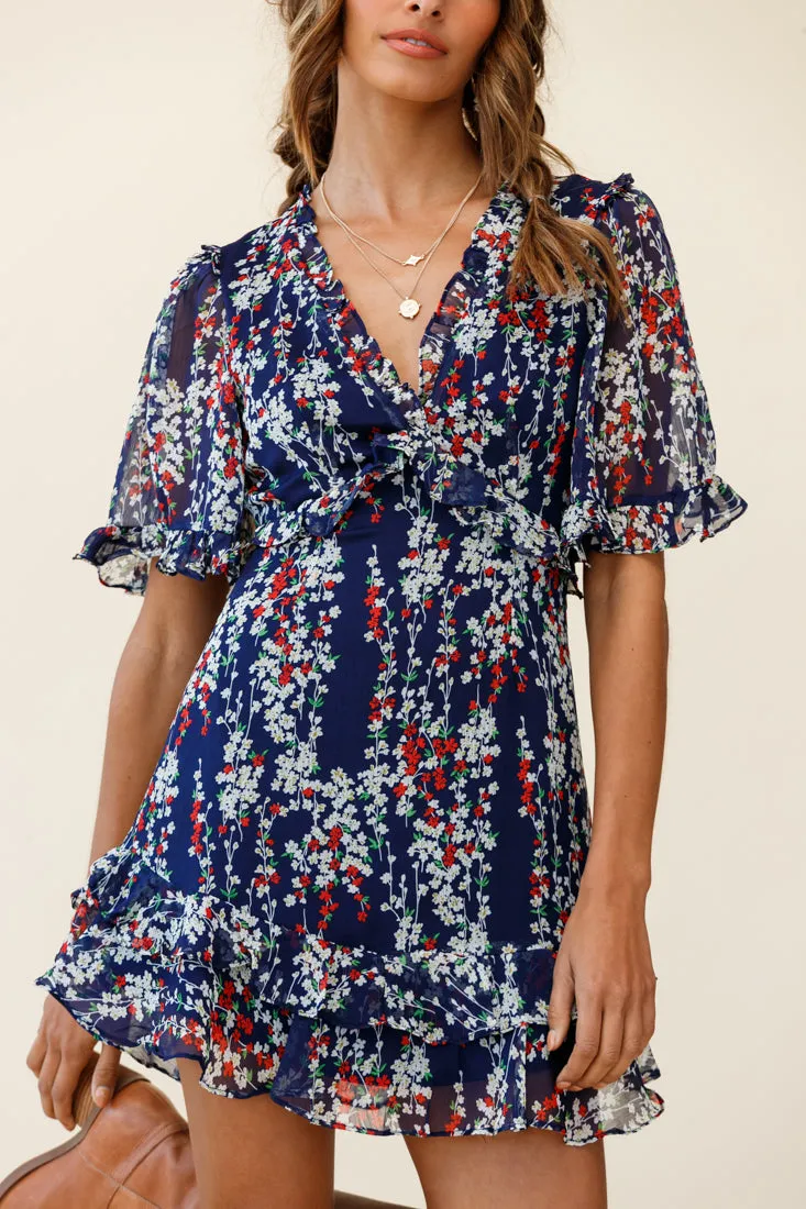 Sincerely V-Neck Double Frill Hem Tea Dress Floral Print Navy