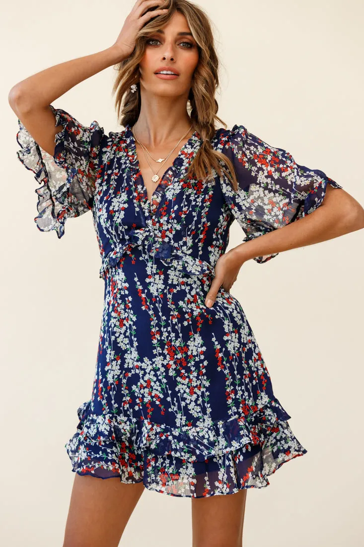 Sincerely V-Neck Double Frill Hem Tea Dress Floral Print Navy