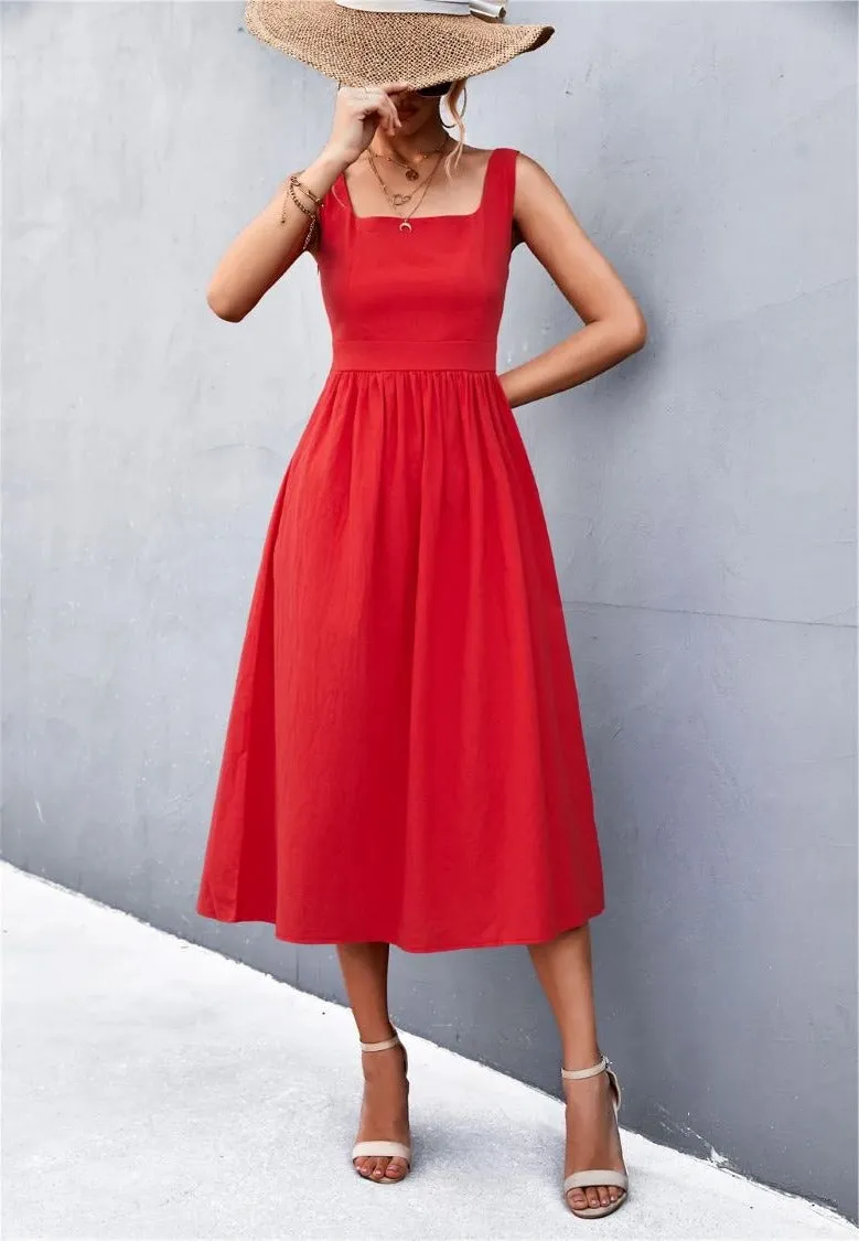 Sleeveless Square-Neck Midi Dress