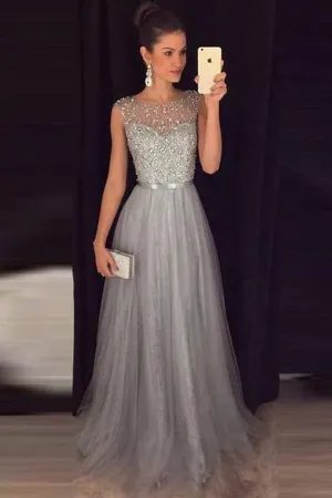 Sparkly A Line Scoop Open Back Grey Beaded Long Prom Dresses  PG732