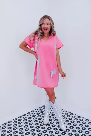 Star Burst Fringe T-Shirt Dress - Pink