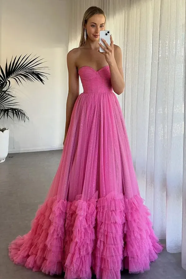 Strapless Corset Ruffles Tulle Fuchsia Long Prom Dress PSK580