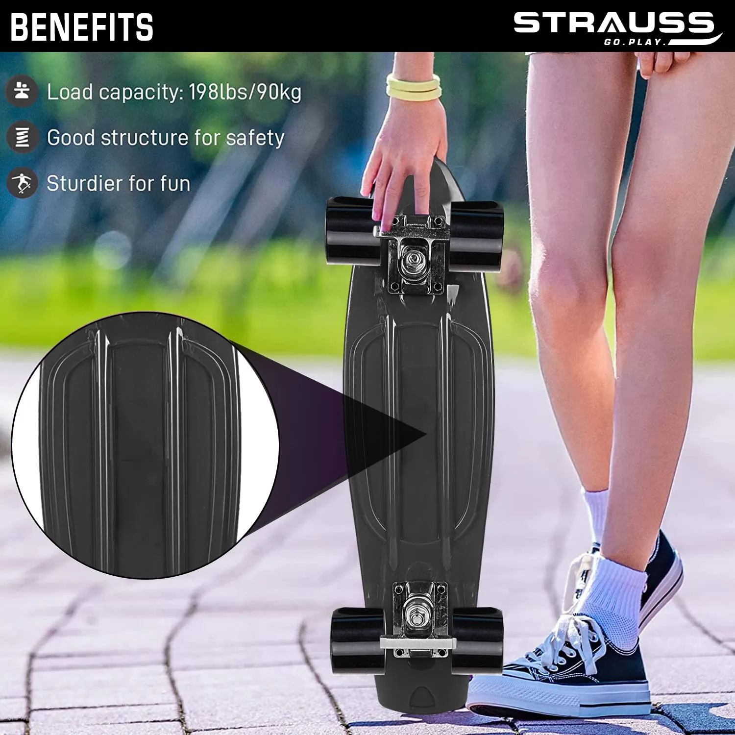 STRAUSS Cruiser PW Skateboard| Penny Skateboard | Casterboard | Hoverboard | Anti-Skid Board with ABEC-7 High Precision Bearings | Ideal for 8 Years and Above | 22 X 6 Inch,(Black)