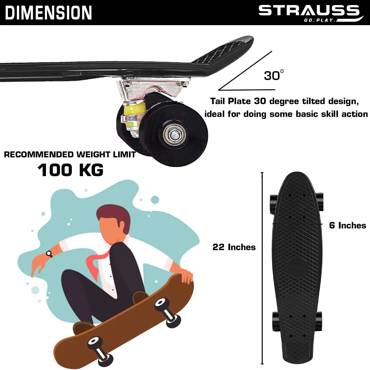 STRAUSS Cruiser PW Skateboard| Penny Skateboard | Casterboard | Hoverboard | Anti-Skid Board with ABEC-7 High Precision Bearings | Ideal for 8 Years and Above | 22 X 6 Inch,(Black)