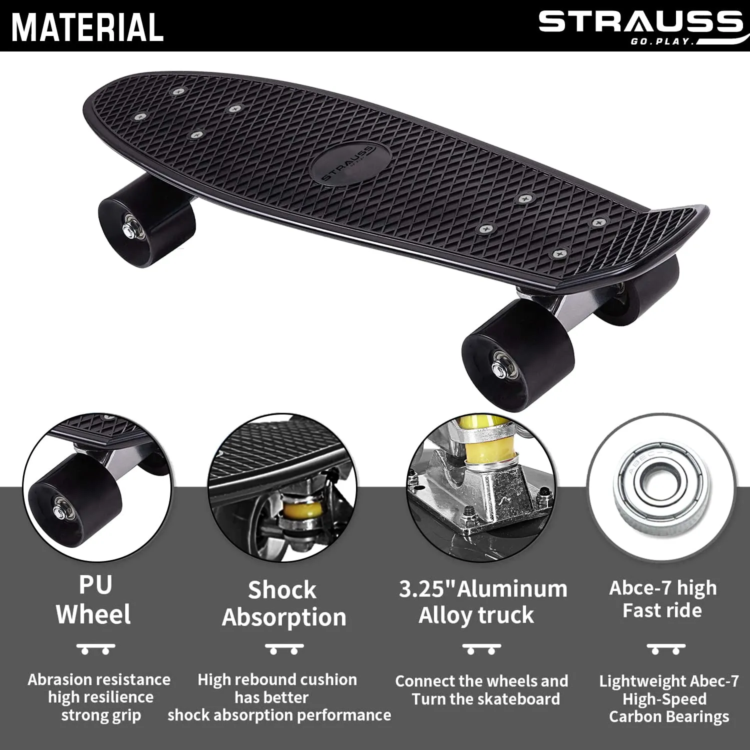 STRAUSS Cruiser PW Skateboard| Penny Skateboard | Casterboard | Hoverboard | Anti-Skid Board with ABEC-7 High Precision Bearings | Ideal for 8 Years and Above | 22 X 6 Inch,(Black)