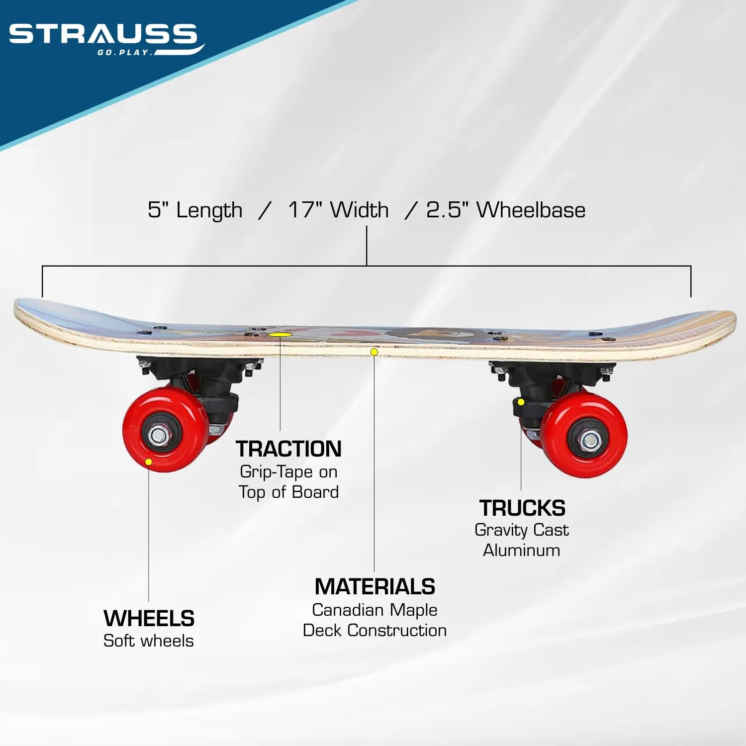 Strauss Kids Skateboard | 17 X 5 Inches Maple Wood Skateboard with PU Wheels for Kids Upto 5 Years | Suitable for Boys and Girls | Ideal for Beginners,Learners and Training Purpose, (Lion)