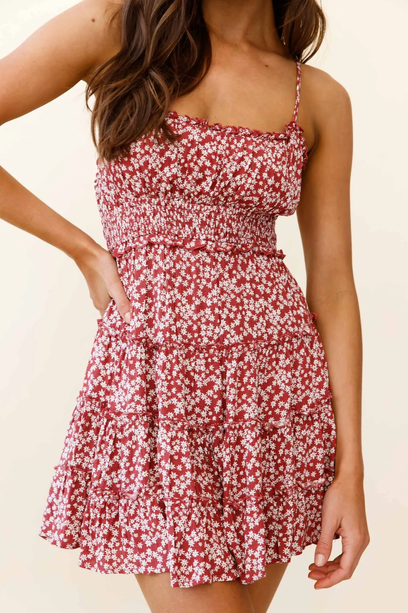 Sunshine Lovers Criss-Cross Back Frill Trim Dress Floral Print Rust