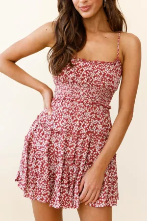 Sunshine Lovers Criss-Cross Back Frill Trim Dress Floral Print Rust