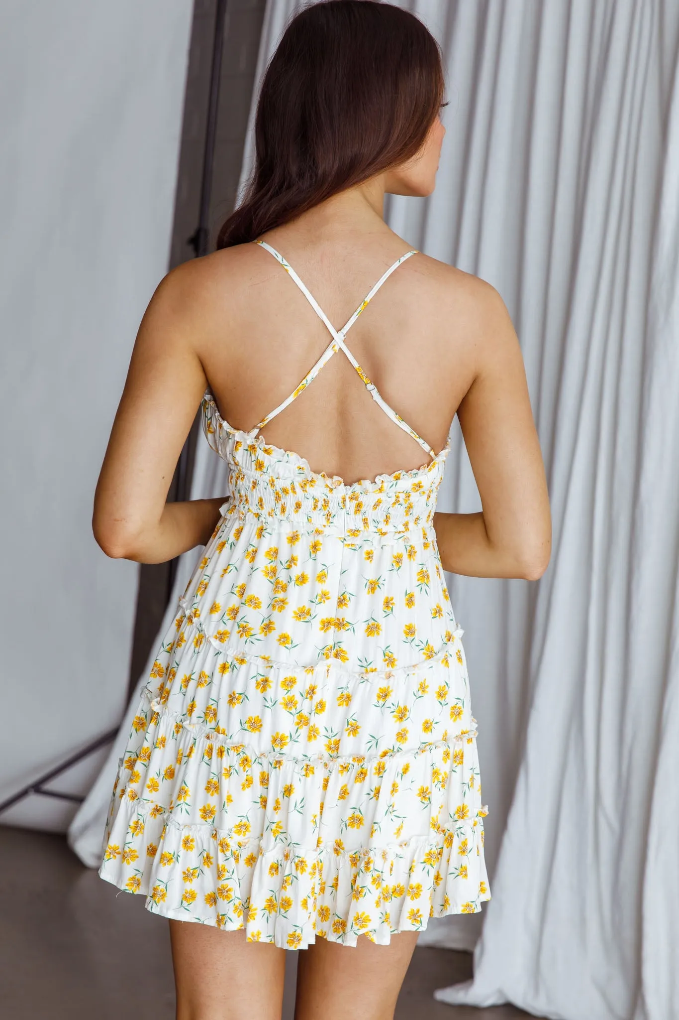 Sunshine Lovers Criss-Cross Back Frill Trim Dress Floral Print White