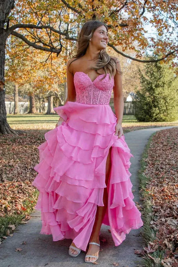 Sweetheart Lace Chiffon Corset Long Prom Dresses Ruffle PSK526