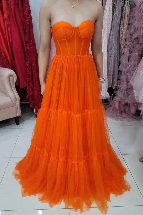 Sweetheart Strapless Orange Tulle Evening Dress Corset Bodice Prom Dress  PSK256