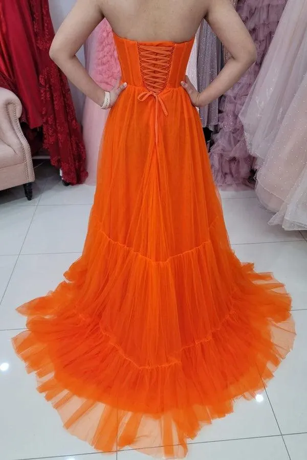 Sweetheart Strapless Orange Tulle Evening Dress Corset Bodice Prom Dress  PSK256