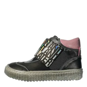 Szamos Kid Girl High-Top Shoes Black With Wide Shiny Graphic Stretchy Strap And Side Zipper - Made In Europe