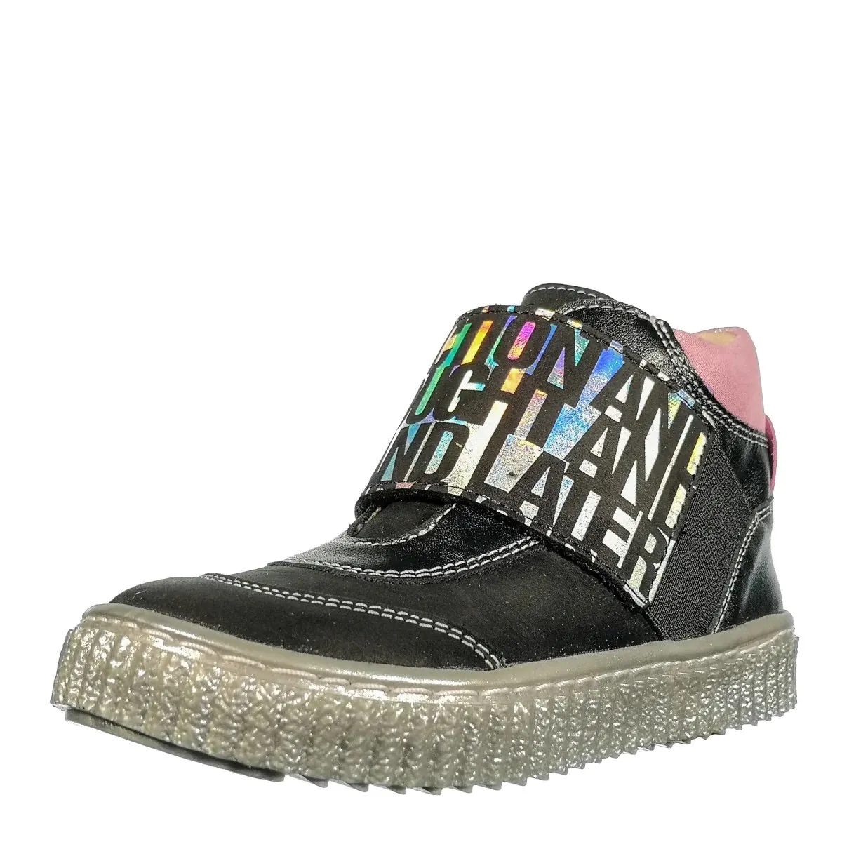 Szamos Kid Girl High-Top Shoes Black With Wide Shiny Graphic Stretchy Strap And Side Zipper - Made In Europe