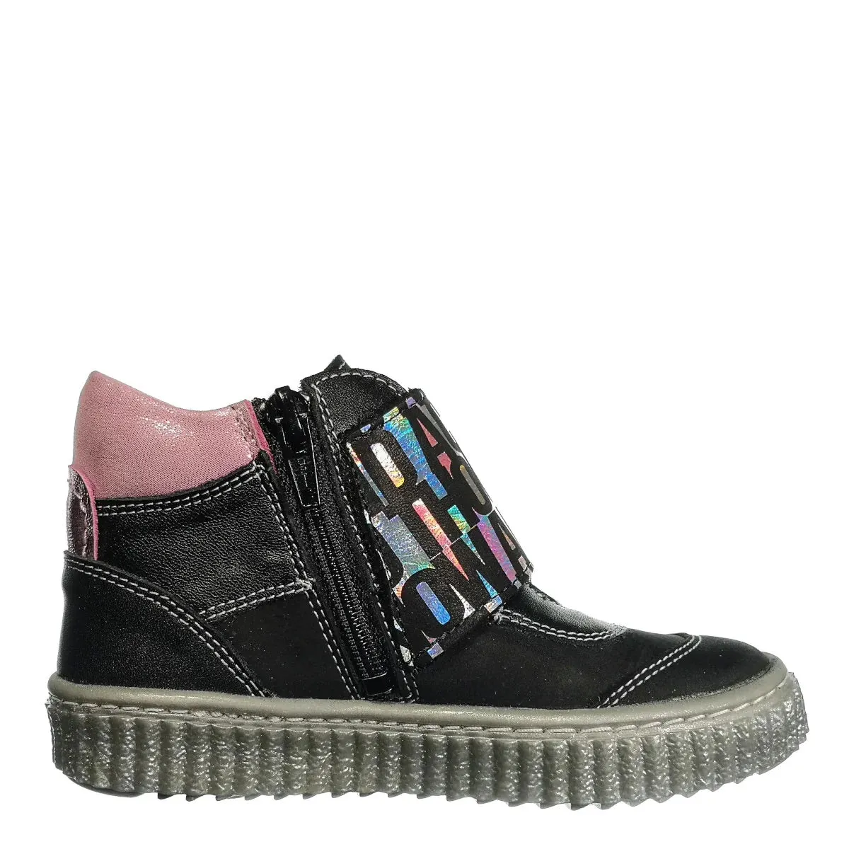 Szamos Kid Girl High-Top Shoes Black With Wide Shiny Graphic Stretchy Strap And Side Zipper - Made In Europe