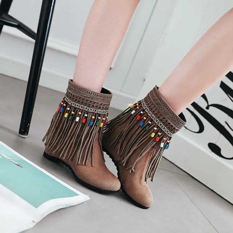 Tassel Beaded Roman Folk Style Hidden Heel Plus Size Short Boots