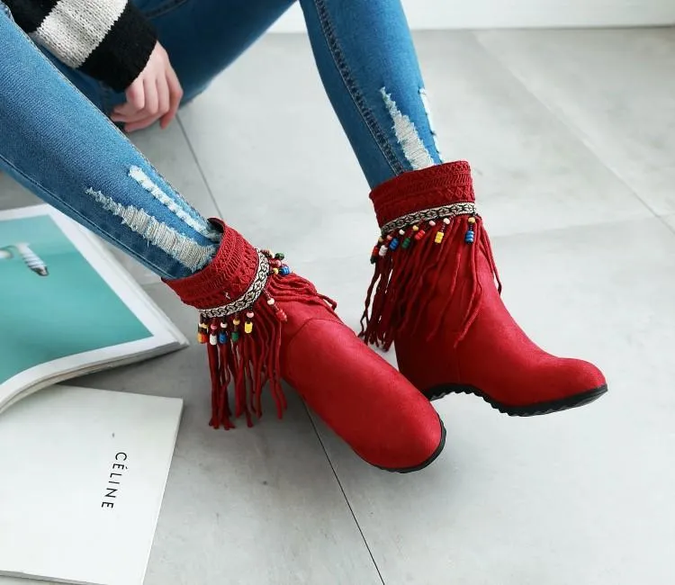 Tassel Beaded Roman Folk Style Hidden Heel Plus Size Short Boots