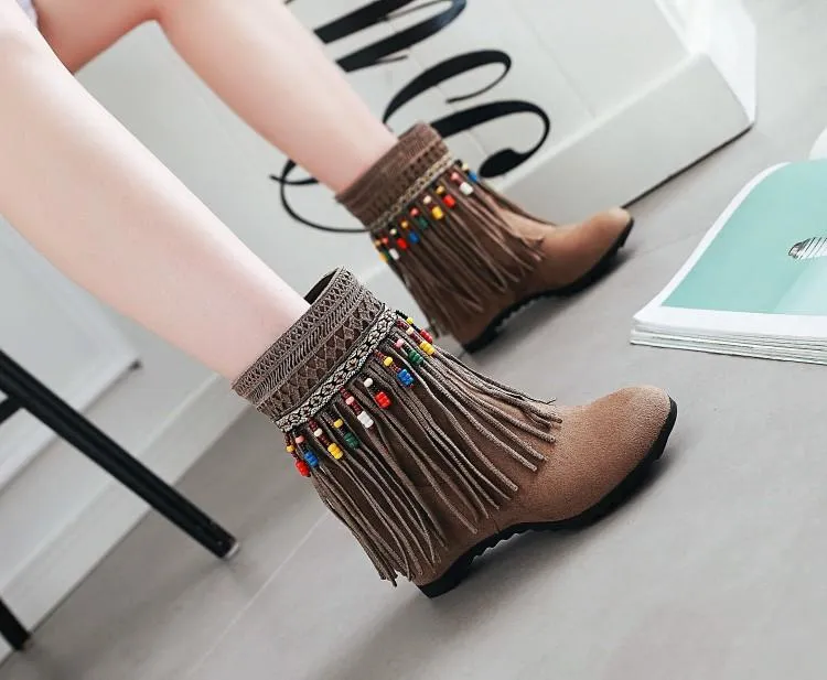 Tassel Beaded Roman Folk Style Hidden Heel Plus Size Short Boots