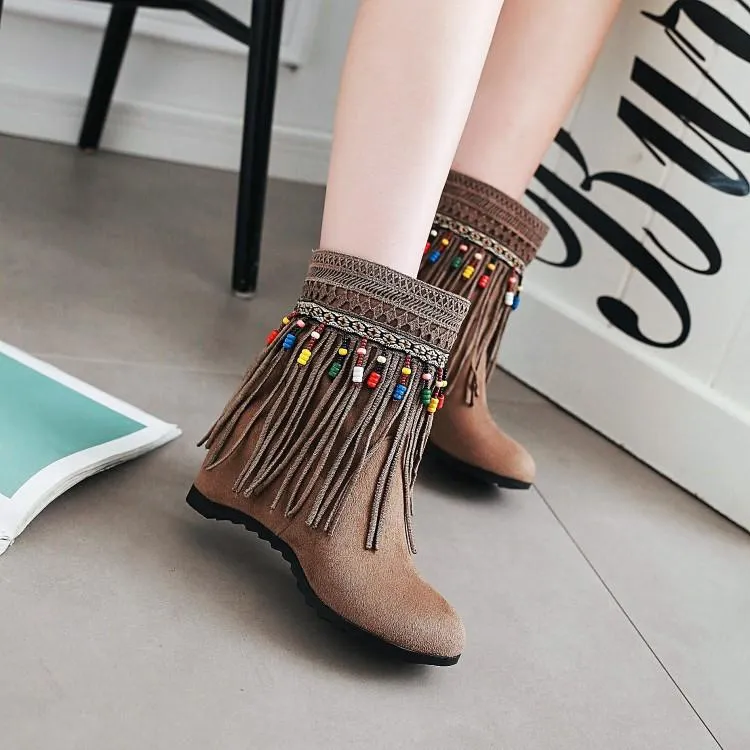 Tassel Beaded Roman Folk Style Hidden Heel Plus Size Short Boots