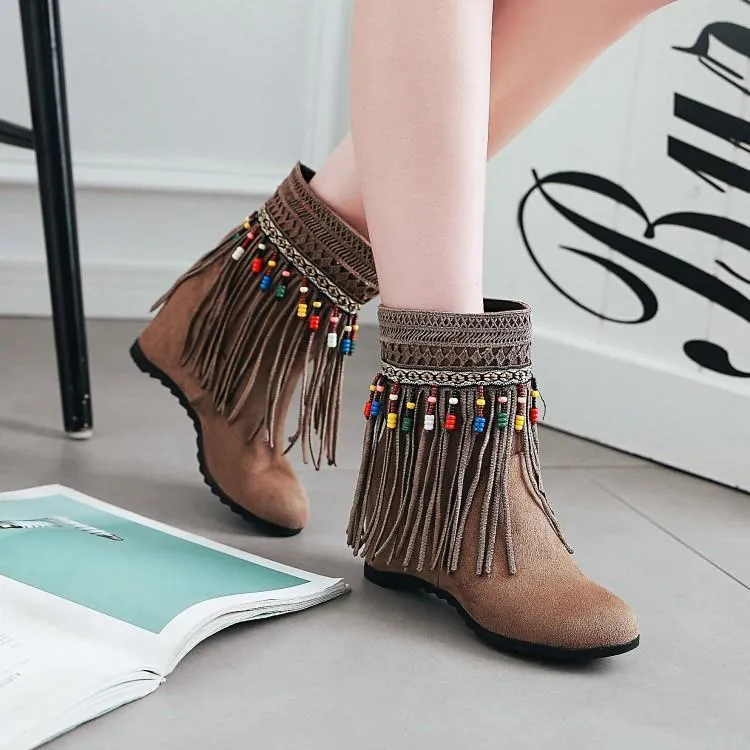 Tassel Beaded Roman Folk Style Hidden Heel Plus Size Short Boots