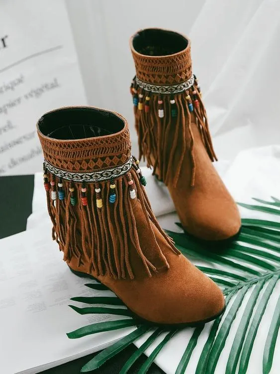 Tassel Beaded Roman Folk Style Hidden Heel Plus Size Short Boots