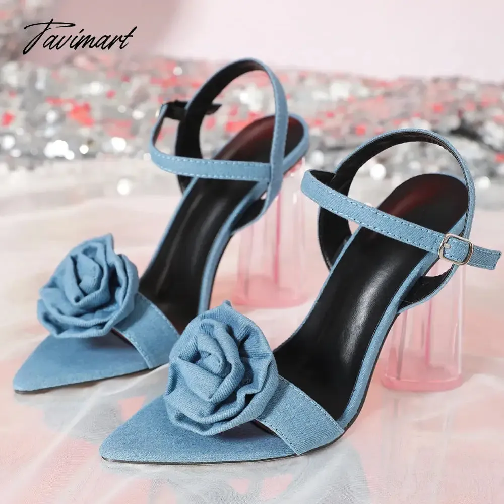 Tavimart Ransparent Heart Heel High Heeled Sandals Pointed Toe Flower Decoration Metal Buckle Women Pumps Wedding Party Shoes