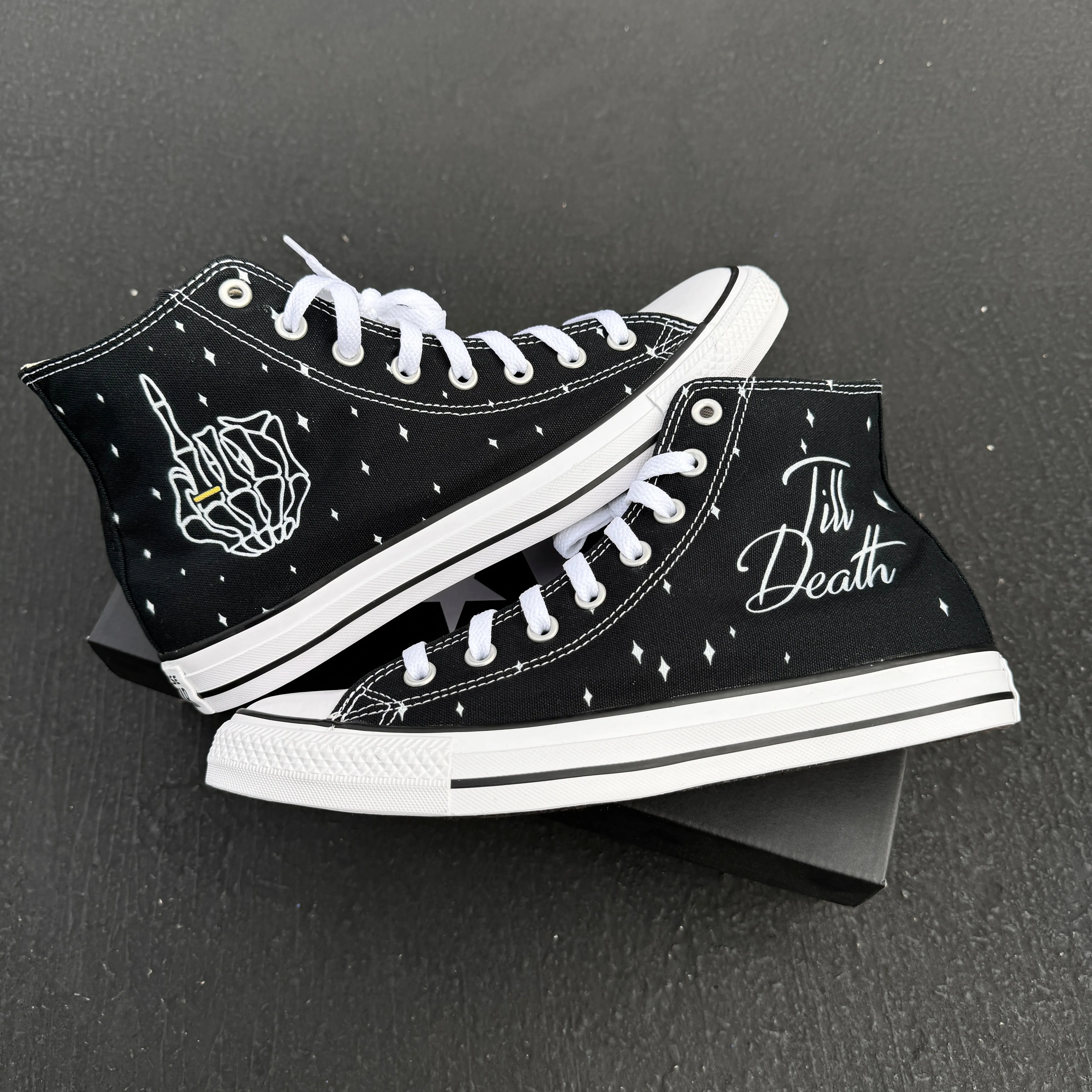 Till Death Ring Finger Black High Tops - Casual Comfortable Wedding Shoes - Custom Converse Shoes