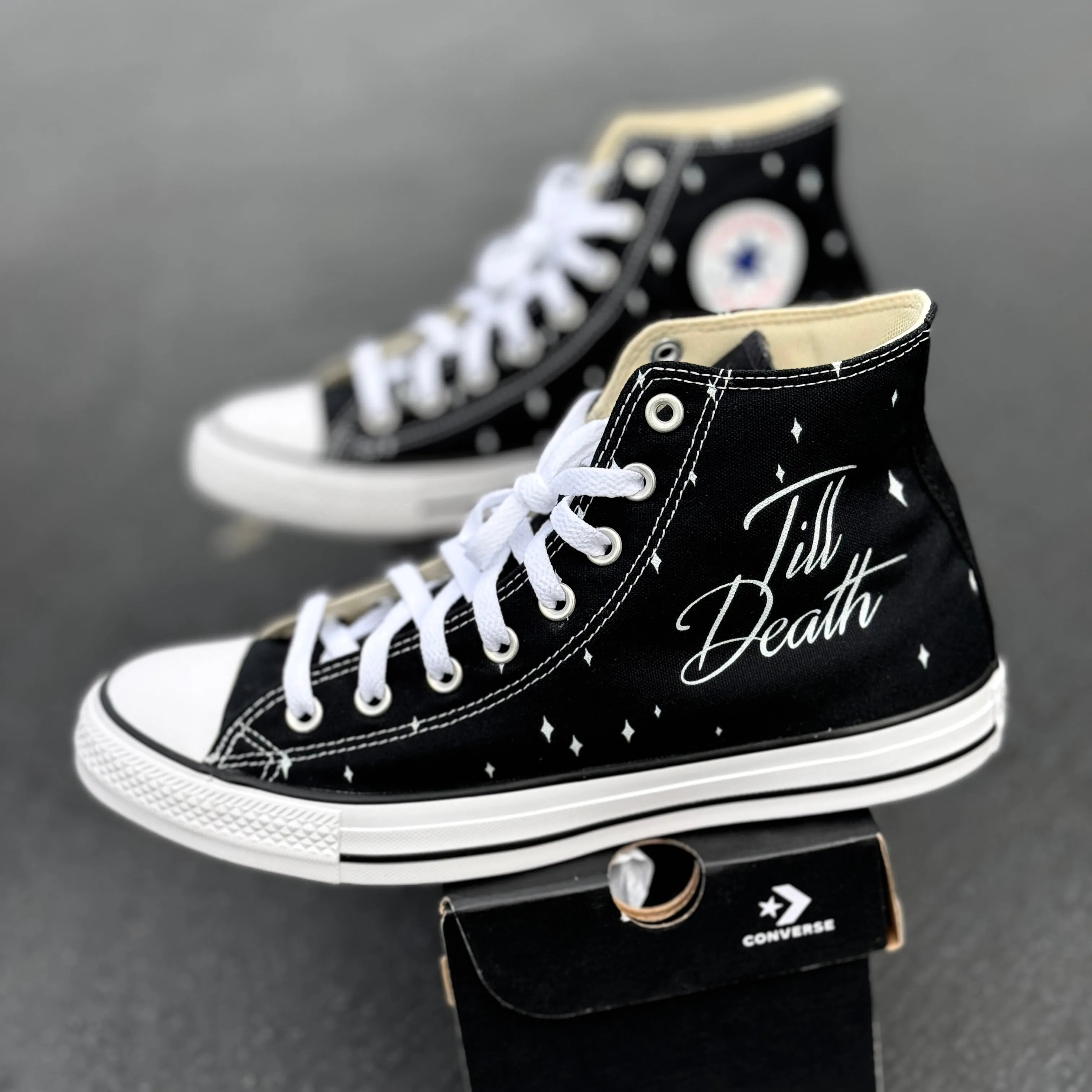 Till Death Ring Finger Black High Tops - Casual Comfortable Wedding Shoes - Custom Converse Shoes