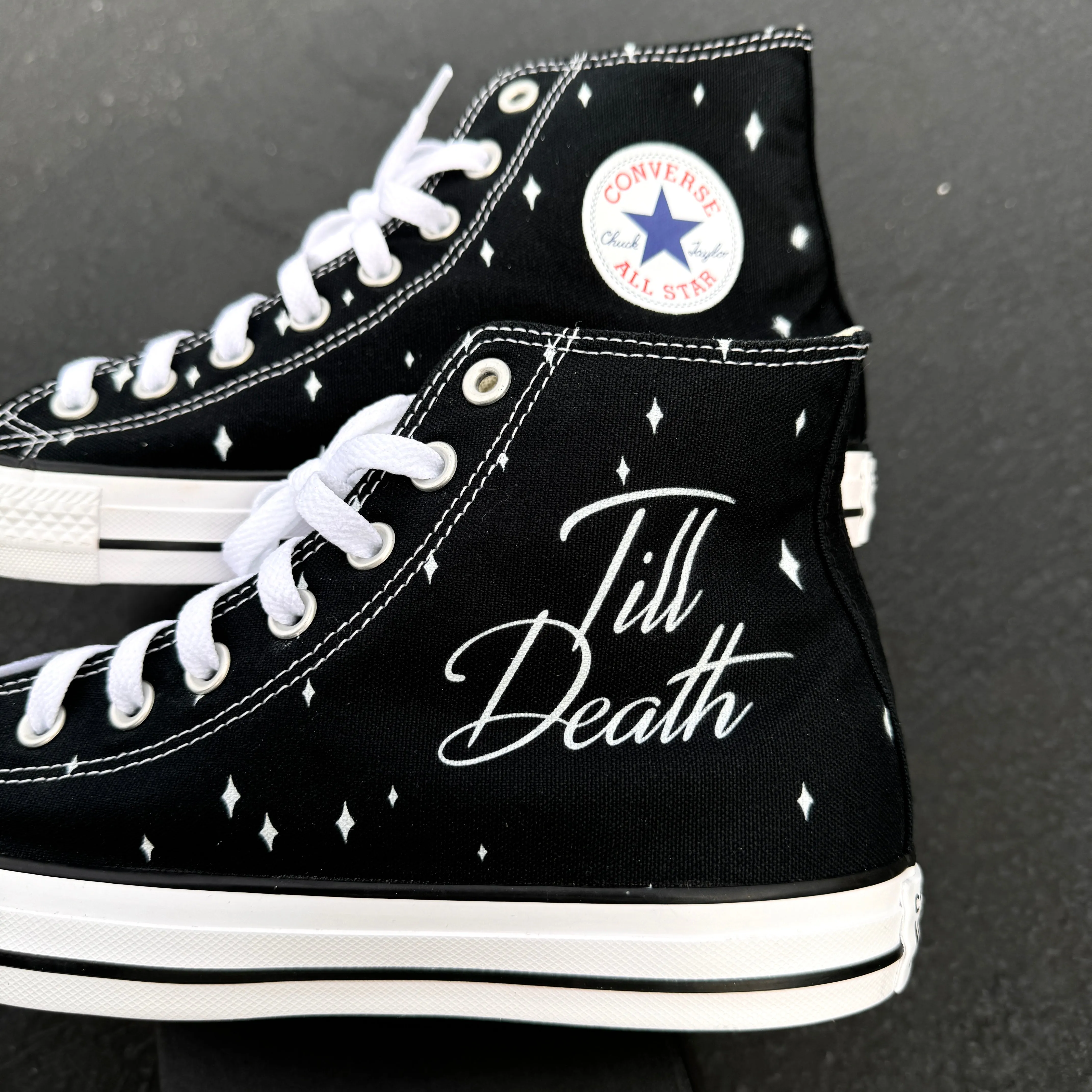 Till Death Ring Finger Black High Tops - Casual Comfortable Wedding Shoes - Custom Converse Shoes