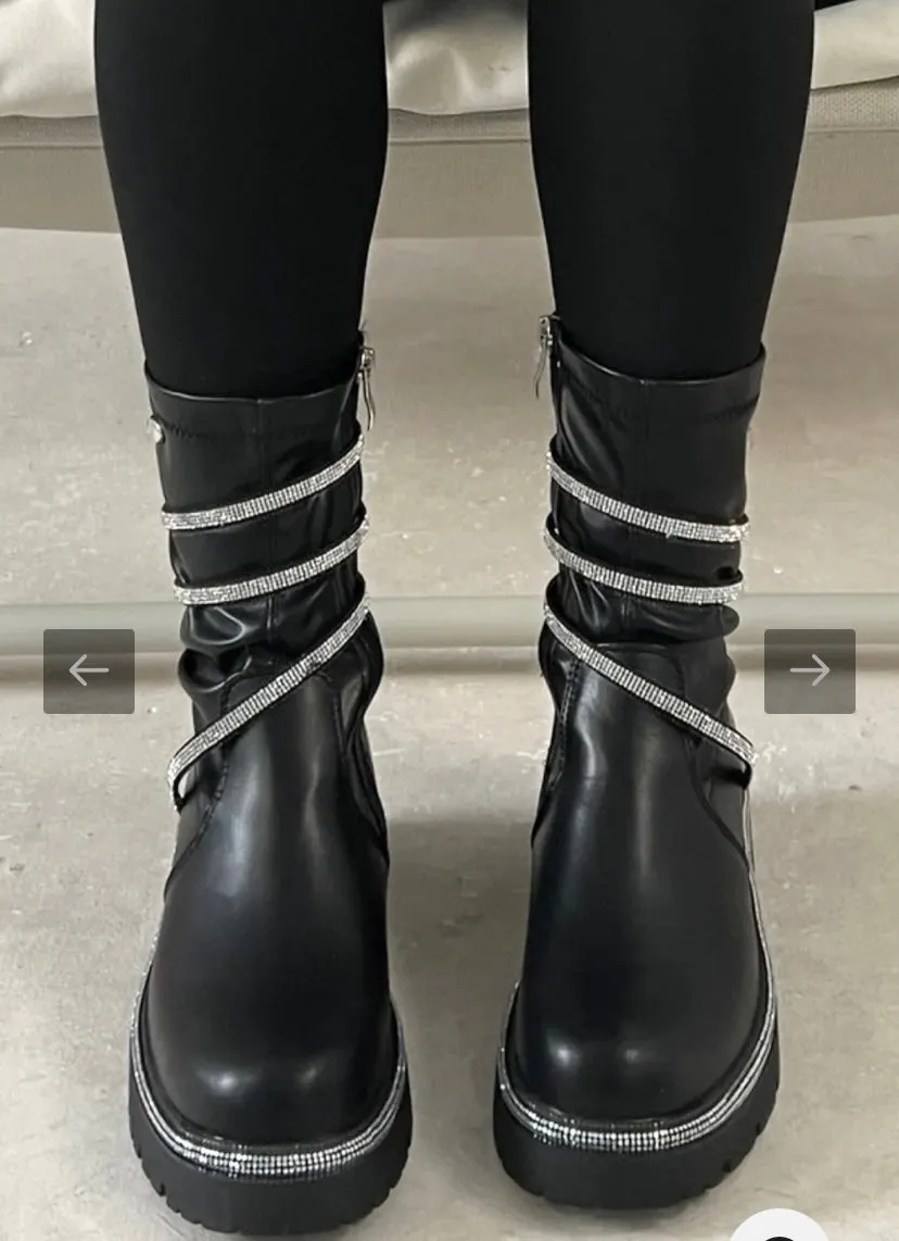 TINA BLACK WRAP AROUND DIAMANTE SOCK BOOTS