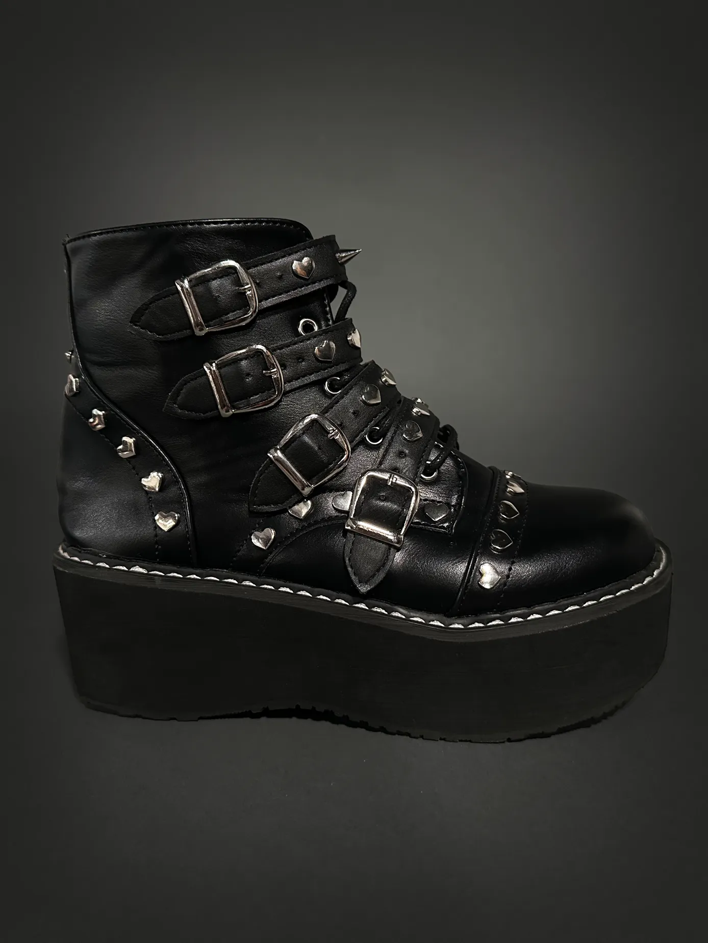 Tommyrot "Lola" Heart Studded Platform Ankle Combat Boots with Buckles