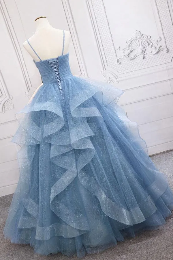 Tulle Sequin Blue  Long Prom Dress Blue Tulle Formal Dress  PSK317