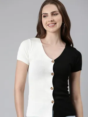 V-Neck Colourblocked Regular Black Top