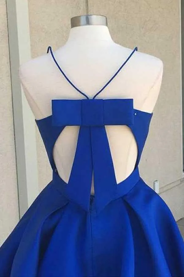 V-Neck Open Back Royal Blue Satin Homecoming Dress with Bowknot PD088