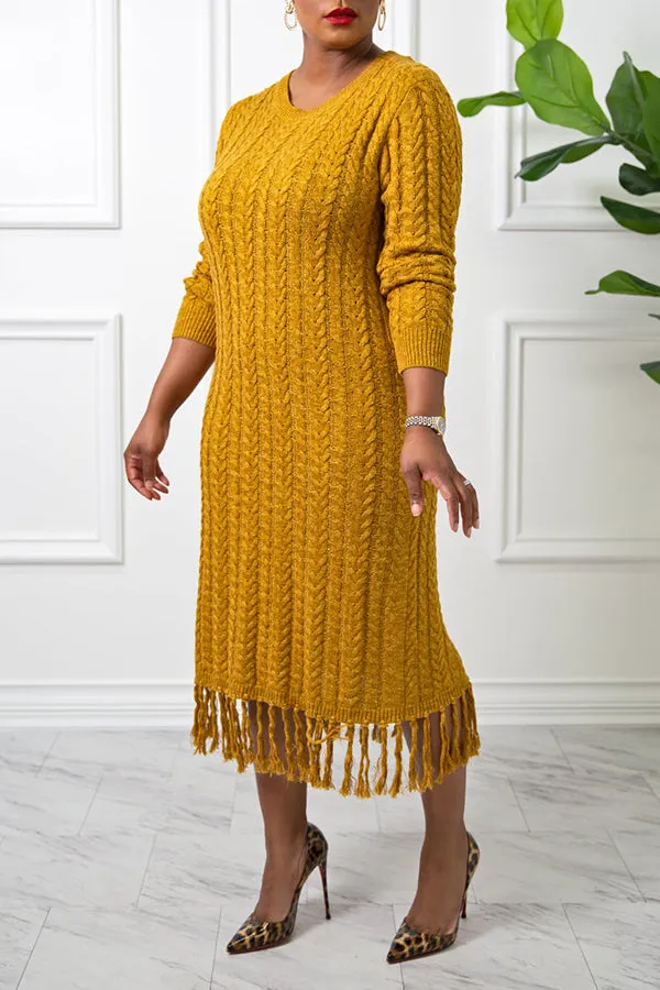 Warm And Styliah Cable Knit Fringe Trim Dress