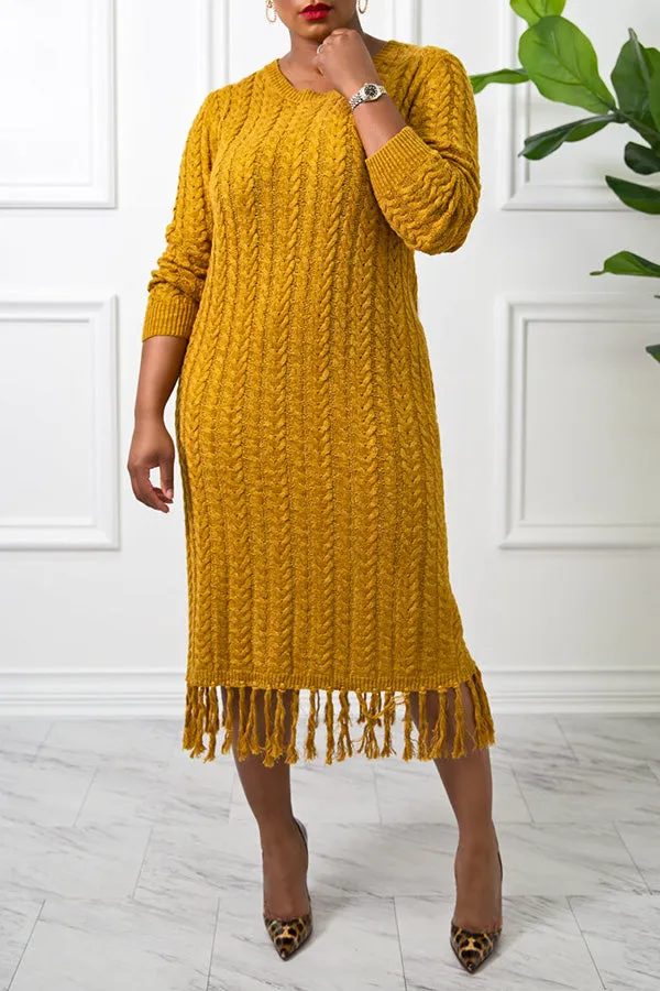 Warm And Styliah Cable Knit Fringe Trim Dress