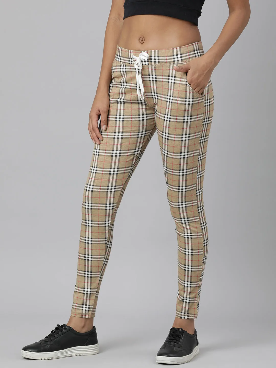 Women Beige Checked Trackapant