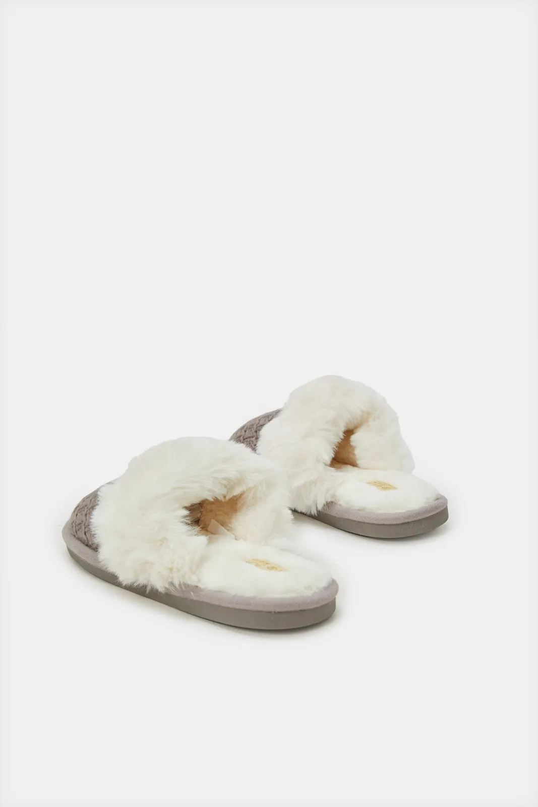 Women Brown Chenille Fur Trim Slipper