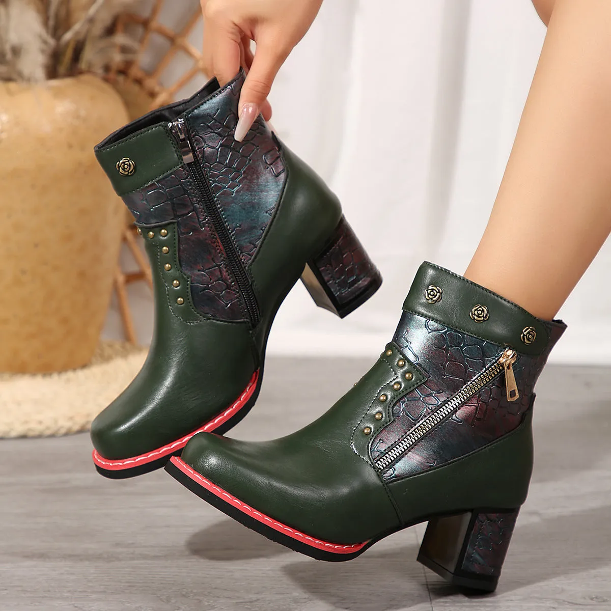 Women Chunky High Heel Short Martin Boots