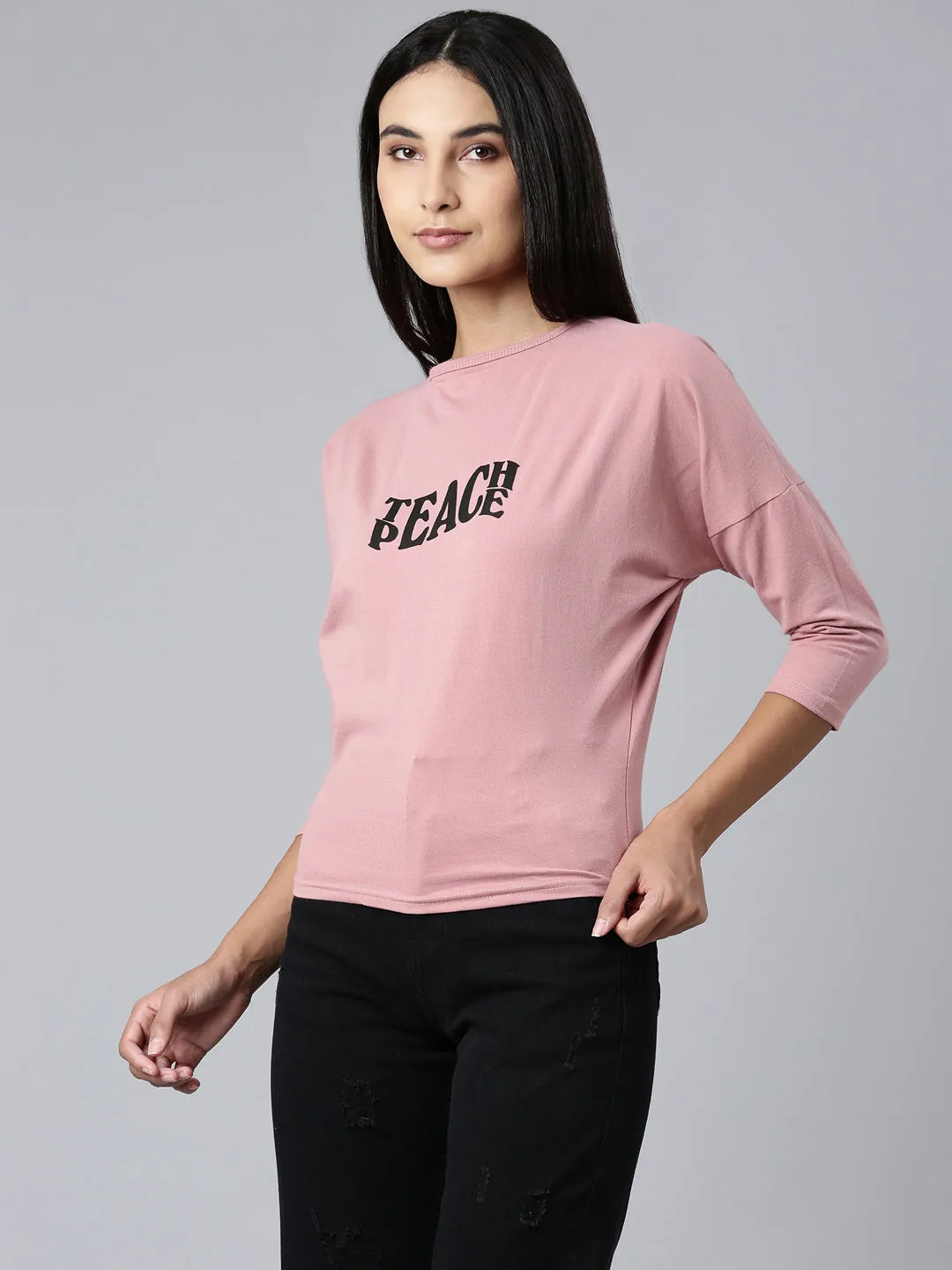 Women Mauve Typographic Slim Fit Tshirt