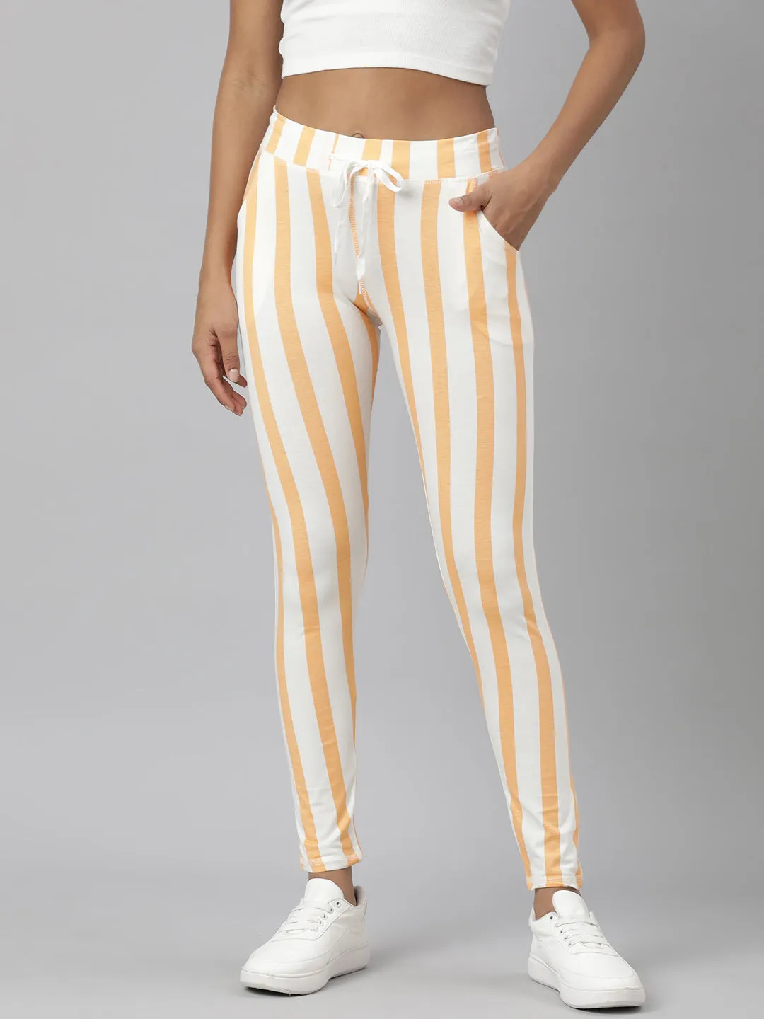 Women Orange Striped Trackapant