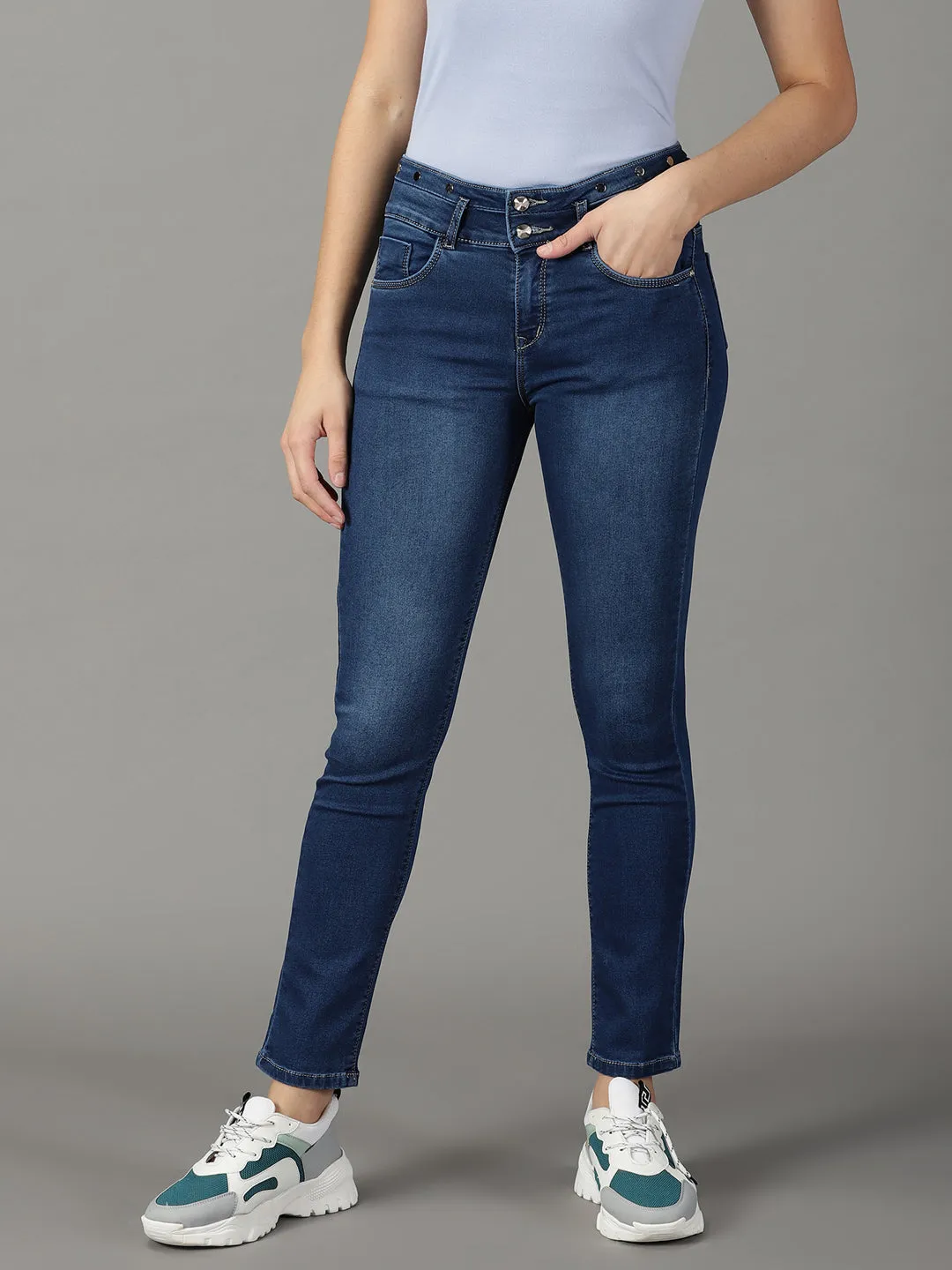 Women Solid Navy Blue Tapered Fit Denim Jeans