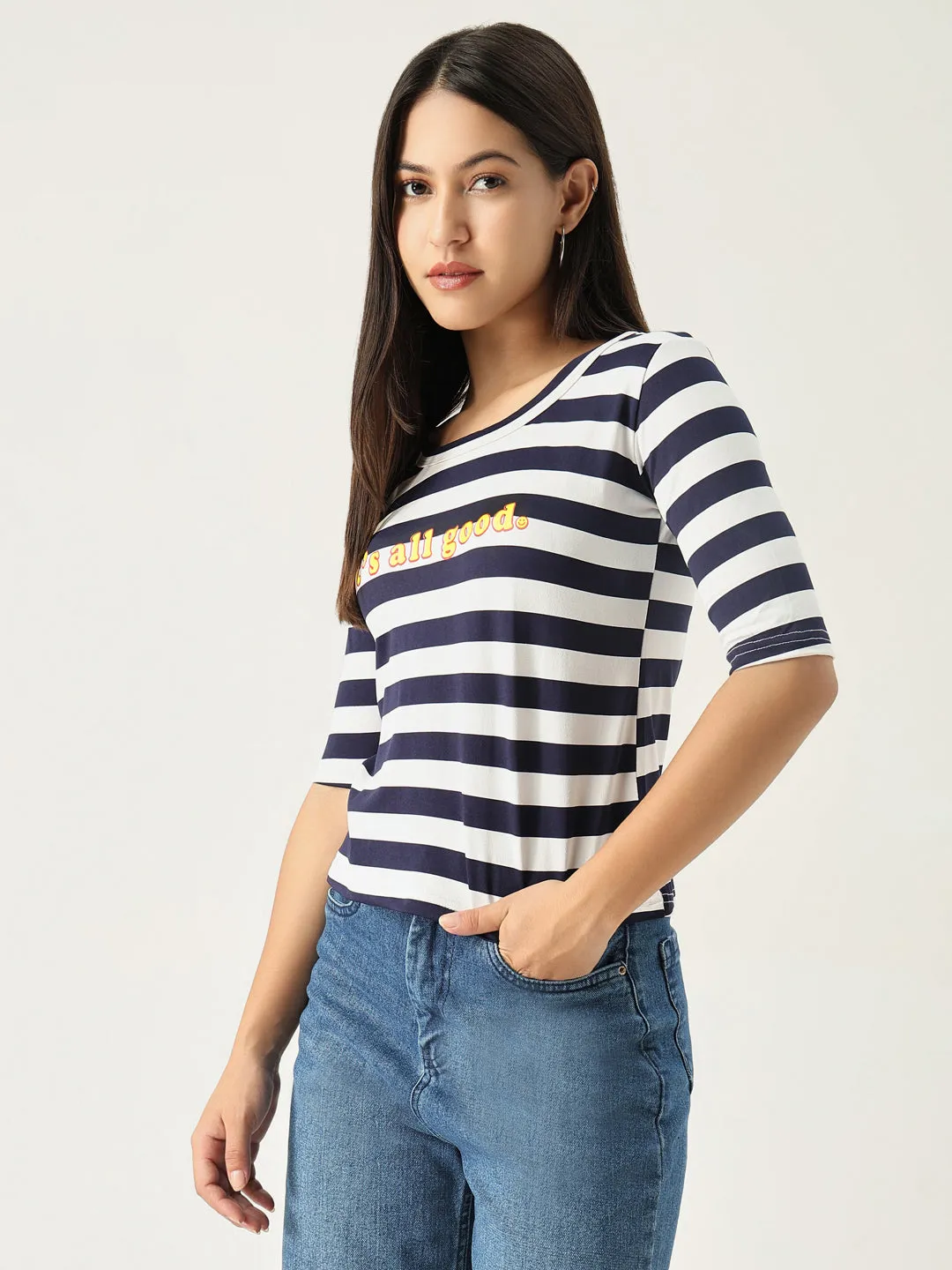 Women Striped Navy Blue T Shirt