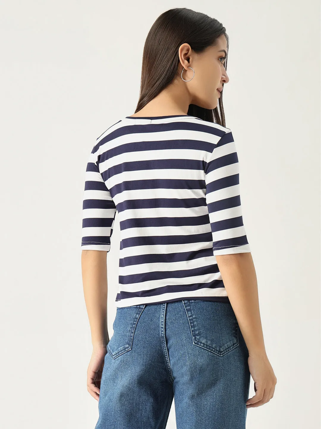 Women Striped Navy Blue T Shirt