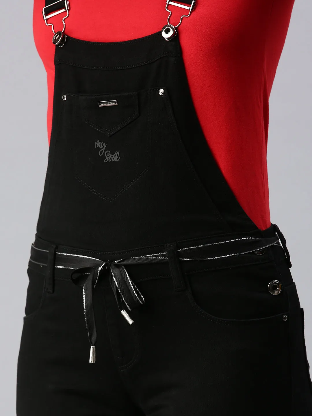 Women's Black Solid Dungarees