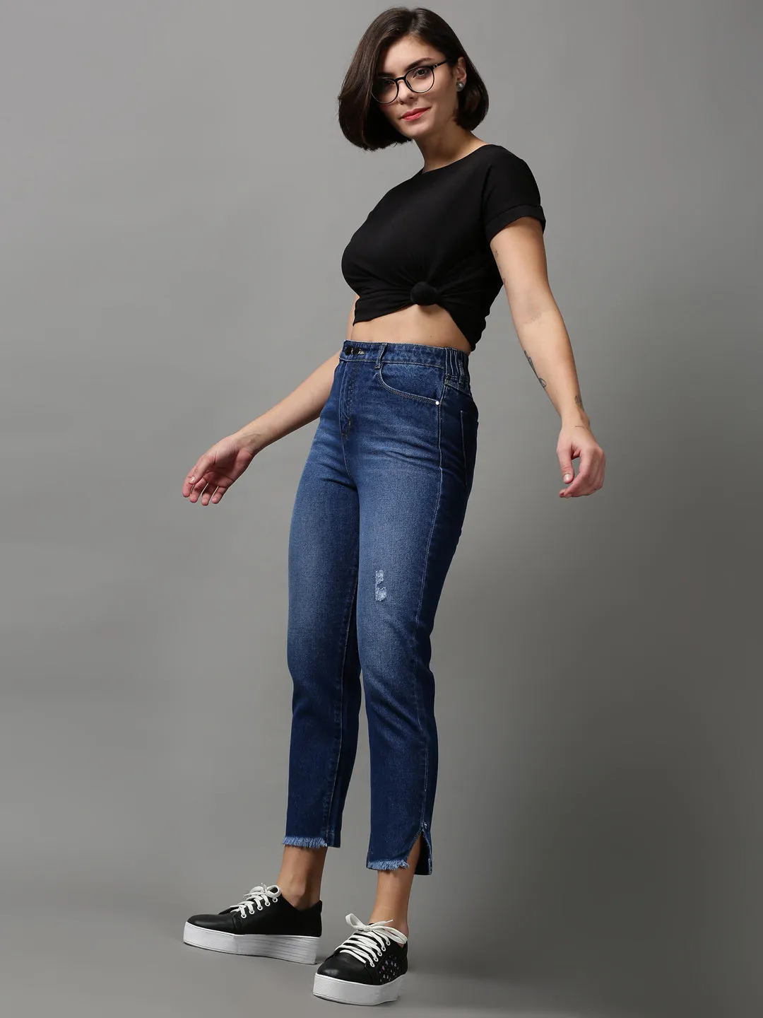 Women's Blue Solid Boyfriend Fit Denim Jeans