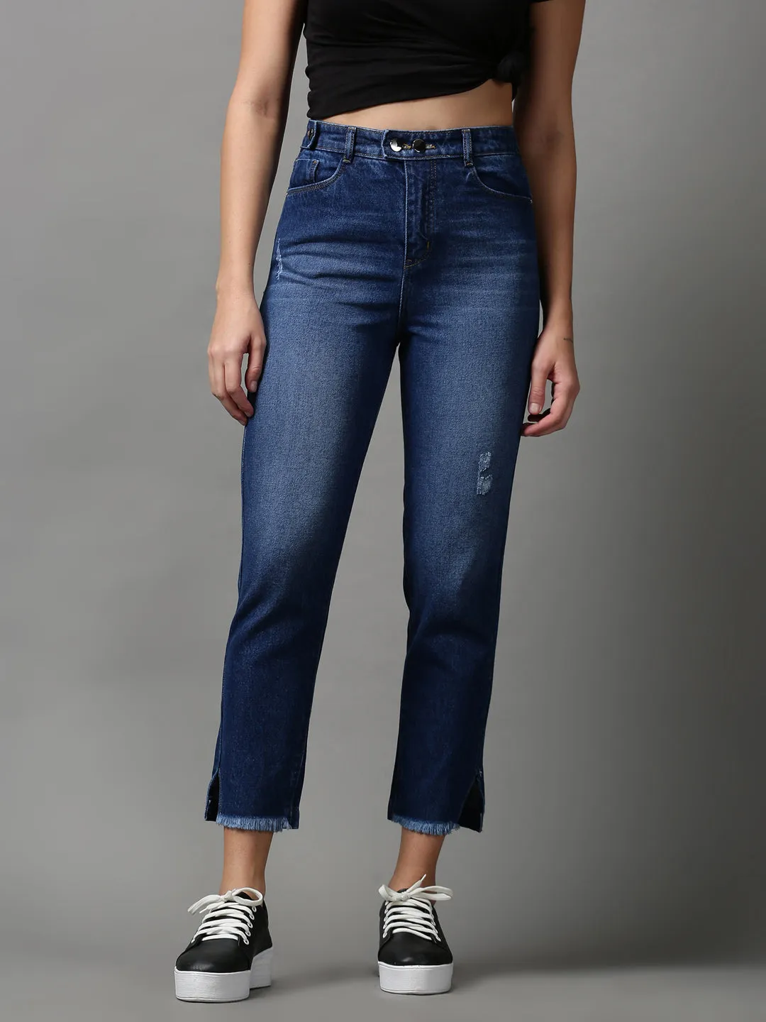 Women's Blue Solid Boyfriend Fit Denim Jeans