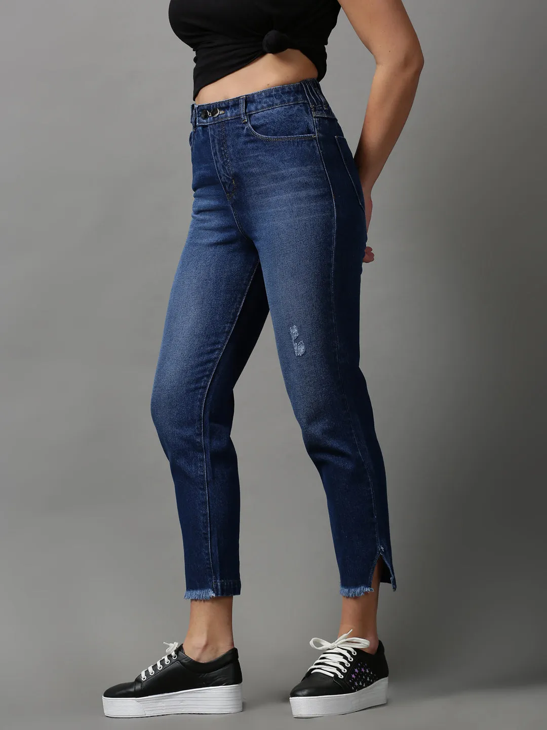 Women's Blue Solid Boyfriend Fit Denim Jeans