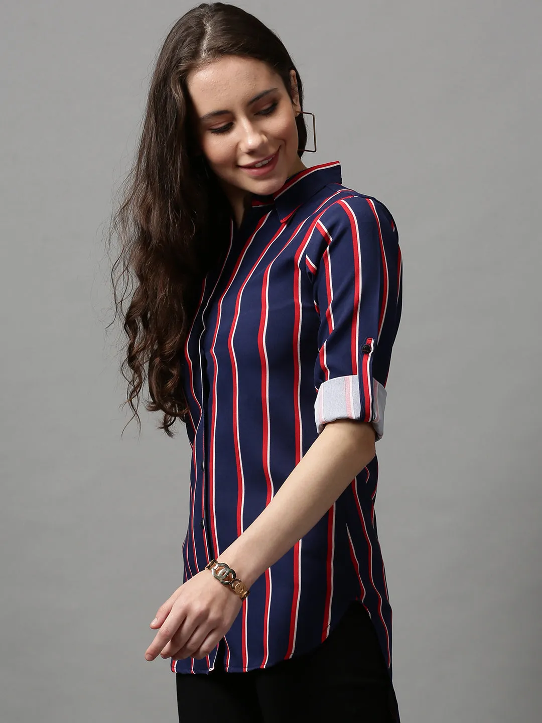 Women's Blue Striped Longline Shirt