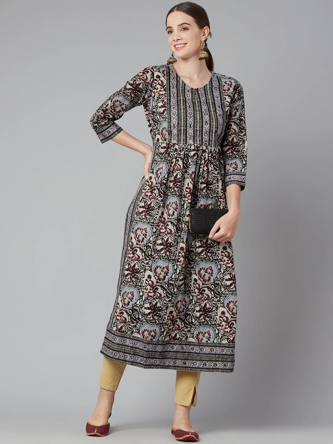 Women'S Grey Cotton Gathered Kurta With Side Slits.